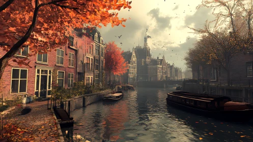 Autumn canal with brick townhouses and moored boats at dusk.
