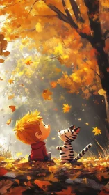 Child and cat watch golden autumn leaves drift softly