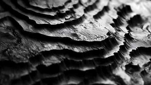 Layered monochrome terrain relief with high-contrast microtopography