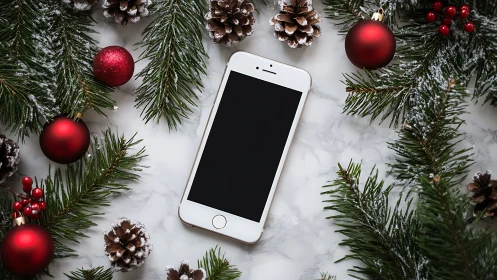Cozy Christmas tech moment with festive phone and fir branches.