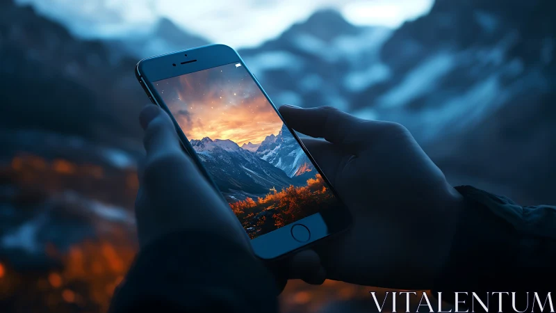 Smartphone framing alpine sunset with heightened tonal contrast