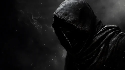 Shadowed hooded figure emerging from swirling darkness.