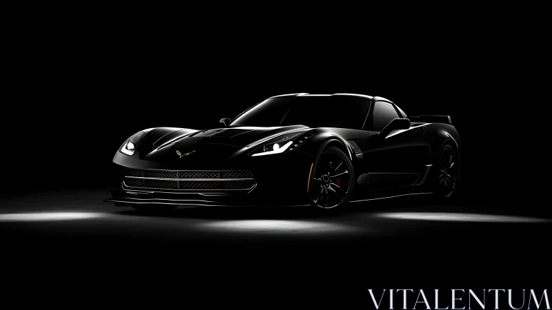 Midnight black sports coupe under dramatic studio lighting.