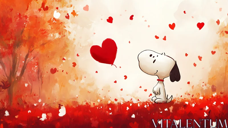 Snoopy gazes upward as red hearts flutter through warm autumn hues.