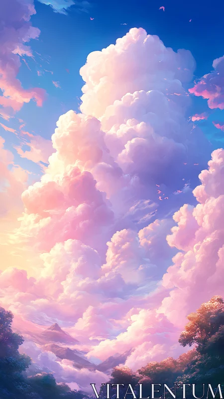 Sunlit pastel clouds tower above a dreamy mountain valley