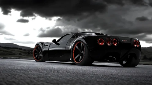 Black sports coupe on wet road under overcast sky.