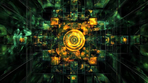 Geometric digital vortex with glowing golden central core.