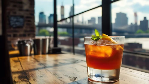 Amber cocktail with mint garnish overlooking metropolitan skyline