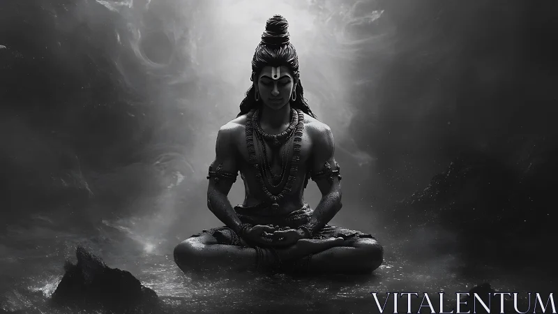 Cosmic yogi carves stillness from storm-thickened darkness