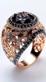 Ornate rose gold ring with large dark gemstone centerpiece.
