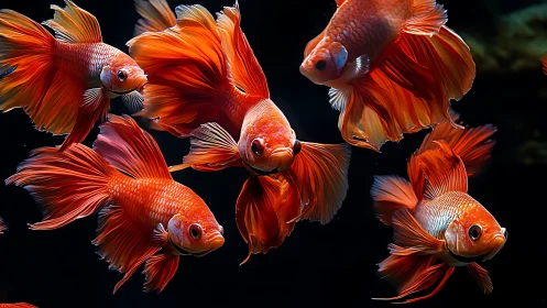 Bright red betta fish swimming against deep black water