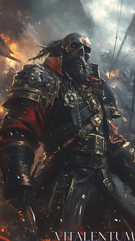 Undead pirate warlord strides through burning battle-torn deck