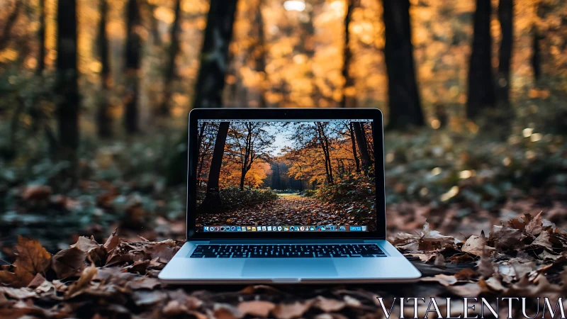 Laptop window doubles the forest, looping autumn into pixels
