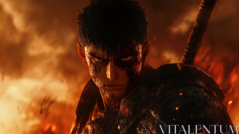 Battle-scarred warrior in embers with cinematic rim lighting