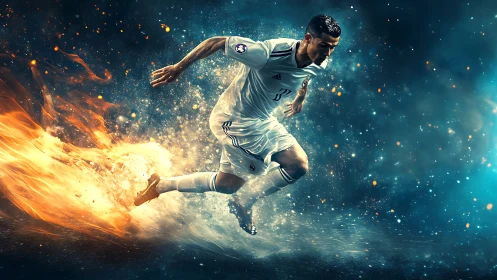 Explosive soccer sprint cuts through fire and cosmic dust