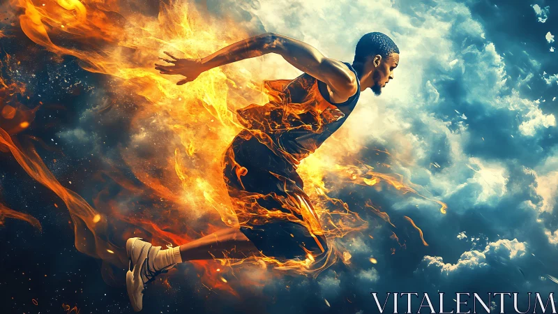 Fiery runner charges forward through glowing storm clouds