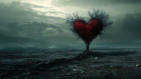 Heart-shaped tree with red foliage in desolate landscape.