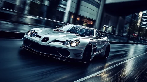 Silver hypercar streaks through wet urban avenue at speed