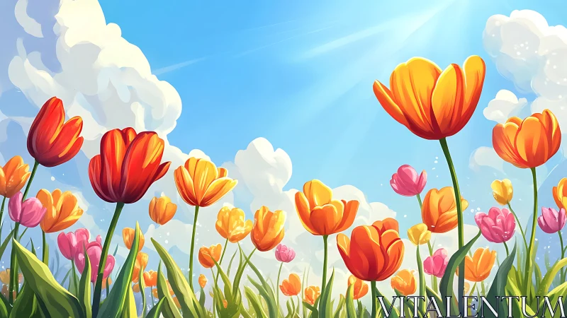 Luminous Tulip Field: Digital Illustration with Chromatic Gradient Sky.