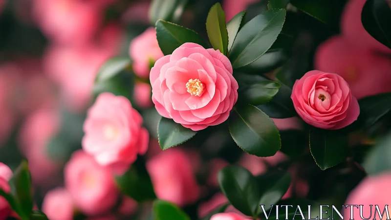 Layered Pink Camellia Blooms with Golden Stamen Against Deep Foliage.