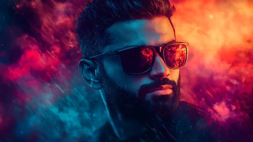 Cyberpunk neon portrait with dual-toned atmospheric glow.