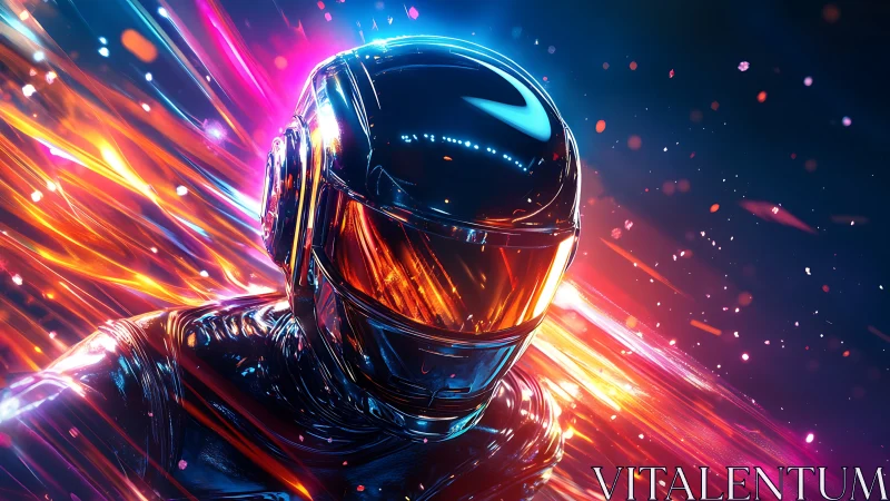 Chromed cyber rider cutting through neon light trails.