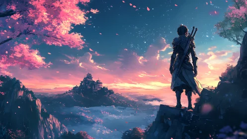 Armored wanderer surveys sunset-lit fortress valley vista