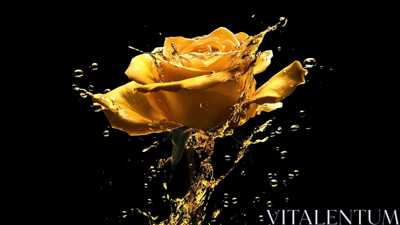Golden liquid splash rose with petals and droplet spray, dramatic black background.