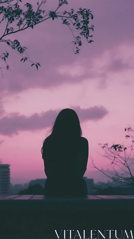 Silhouetted woman contemplates city skyline at pink dusk.
