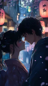 Rain-soaked anime couple framed by lantern bokeh and sakura petals
