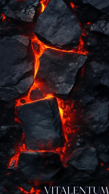 Glowing Lava Flows Between Black Volcanic Rock Formations