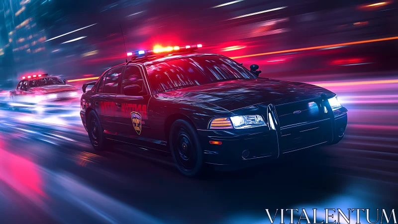 Police cruisers surge through neon city streets at high speed