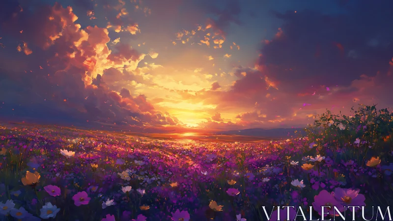 Sunset light floods wildflower meadow under glowing clouds