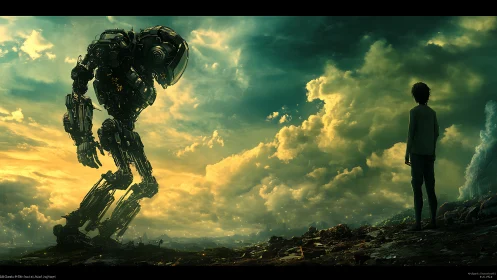 Giant robot confronts solitary boy under dramatic storm clouds