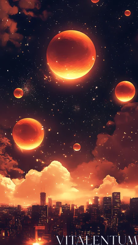 Multiplanetary crimson sky over incandescent high-rise skyline.