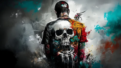 Man viewed from behind with skull graphic on painted jacket