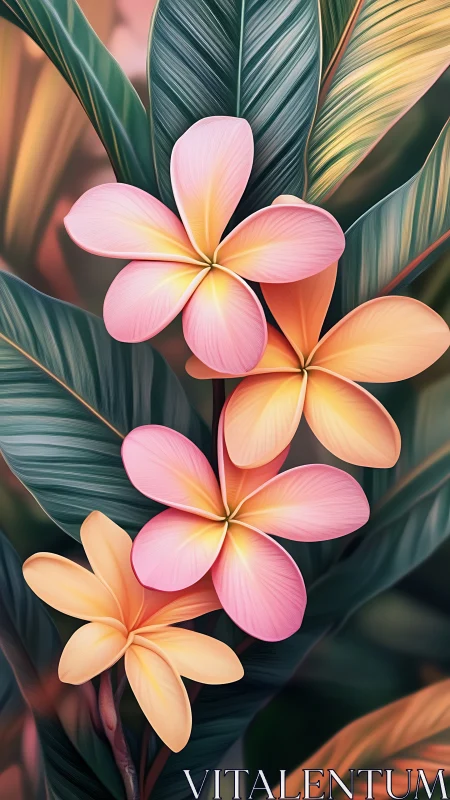 Plumeria Dreams: Sunset Petals in Verdant Embrace.