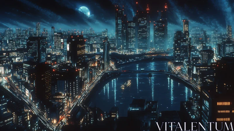 Moonlit futuristic city skyline glowing with river lights.