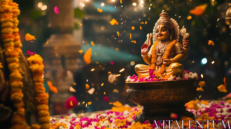 Hindu deity statue sits in a bowl amid flower petals