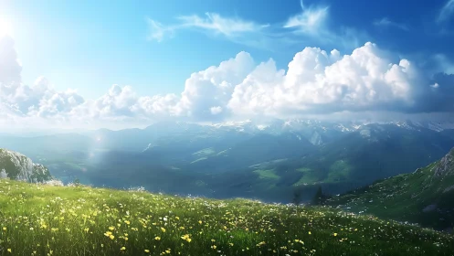 Gentle wildflower meadow opens toward calm distant mountains