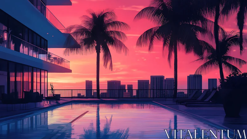 Sunset city pool glows beneath neon pink tropical sky