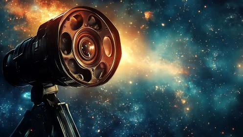 Large telescope lens aimed toward bright galactic nebula.