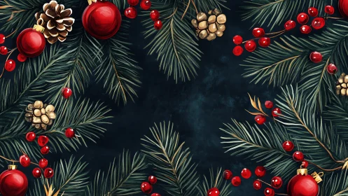 Christmas fir branches with red baubles and pinecones border