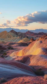 Sunlit striped desert ridges under pastel evening clouds.