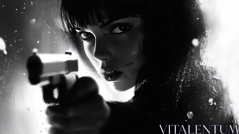 Monochrome close-quarters portrait of armed noir protagonist.