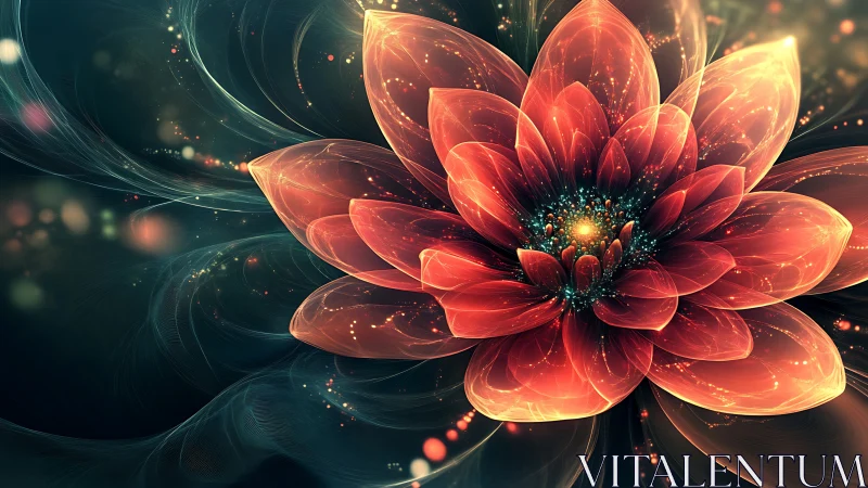 Digital fractal flower with luminous layered petals in teal space.