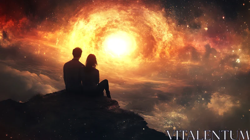Two silhouetted figures observe luminous cosmic vortex calmly