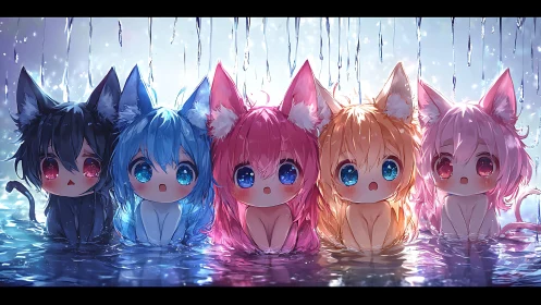Chibi catgirls bathe under crystal-lit falling water.
