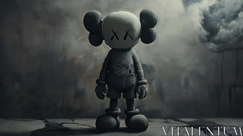 Monochrome pop-surreal mascot stands in decayed urban void