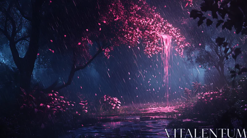 Pink illuminated waterfall streams from tree in dark forest